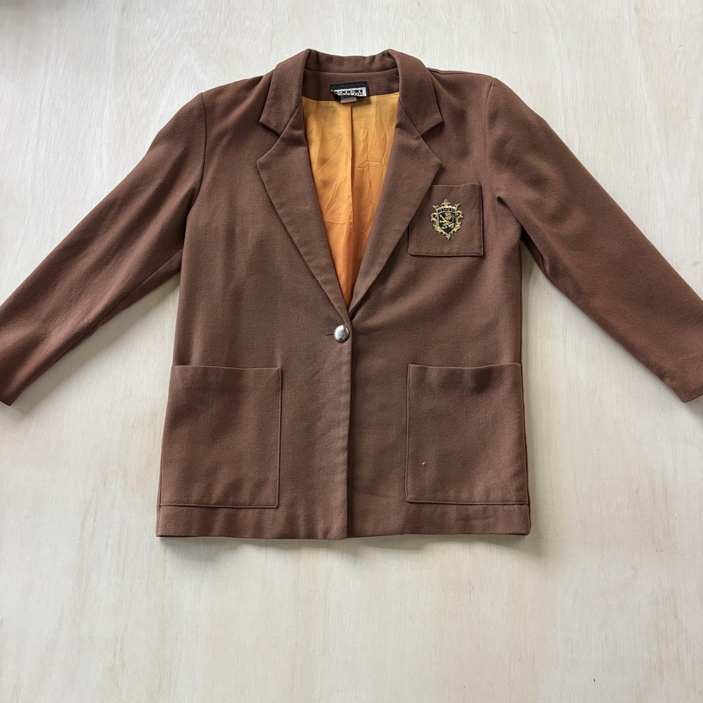 Vintage Niki Taylor Blazer Jacket Womens Small Brown Crest Lined 90s Preppy